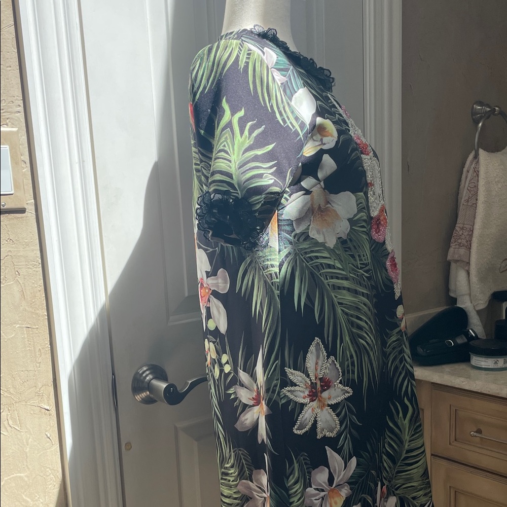 Tropical Floral Embroidered Shift Dress - Black with Green & Pink - Picture 12 of 15